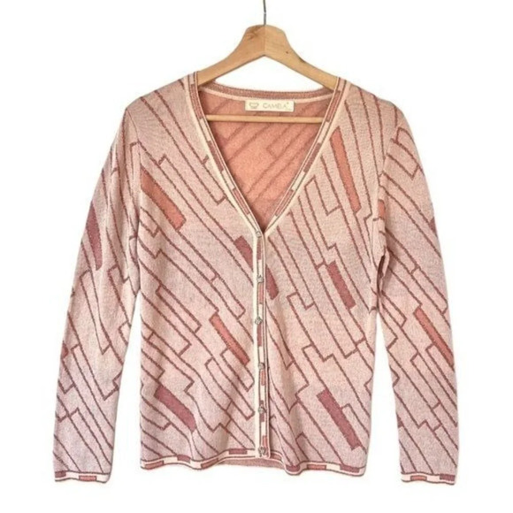 70s Vintage Camela International Pink Sparkle Mod Abstract Knit Cardigan Size M - Picture 1 of 11